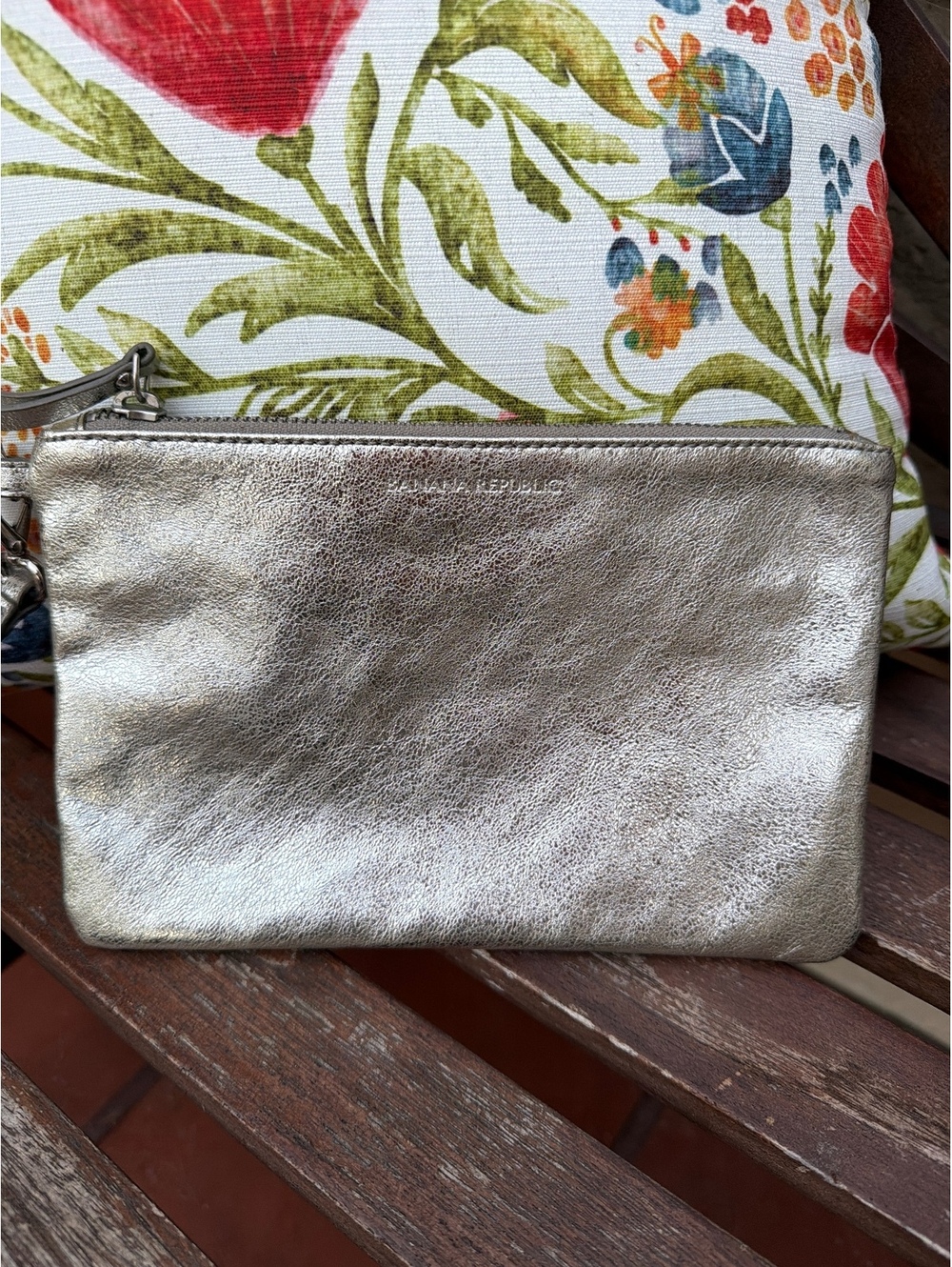 Banana Republic Metallic Silver Leather Wristlet Clutch Purse